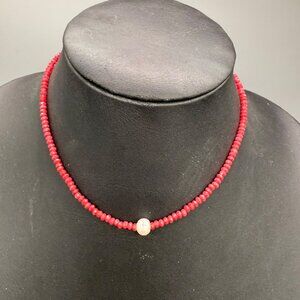 Garnet Beaded Pearl Necklace Molly Jane Designs 16.5 inch Handmade